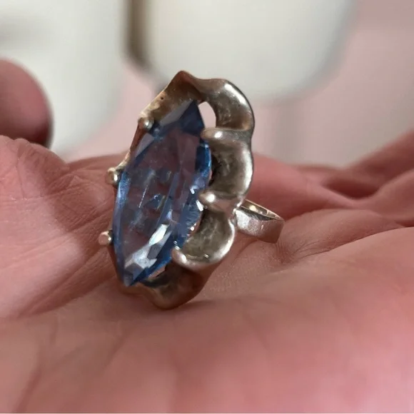 Antique art Deco Oversized Marquee Blue Topaz Brutalist Sterling Silver Ring - Picture 6 of 17